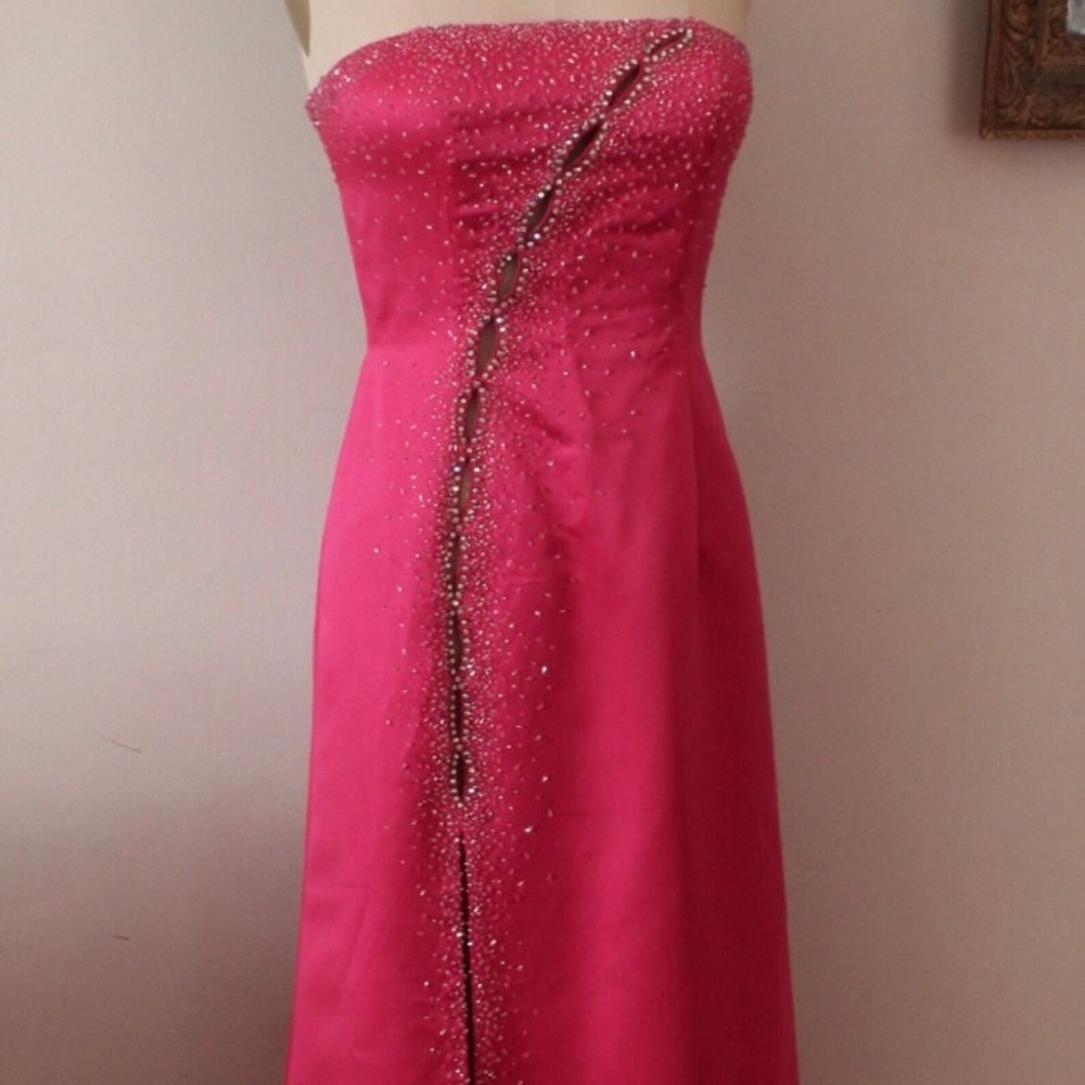 Y2K Magenta Satin Cache Rhinestoned Princess Line Evening Gown with Cutouts and